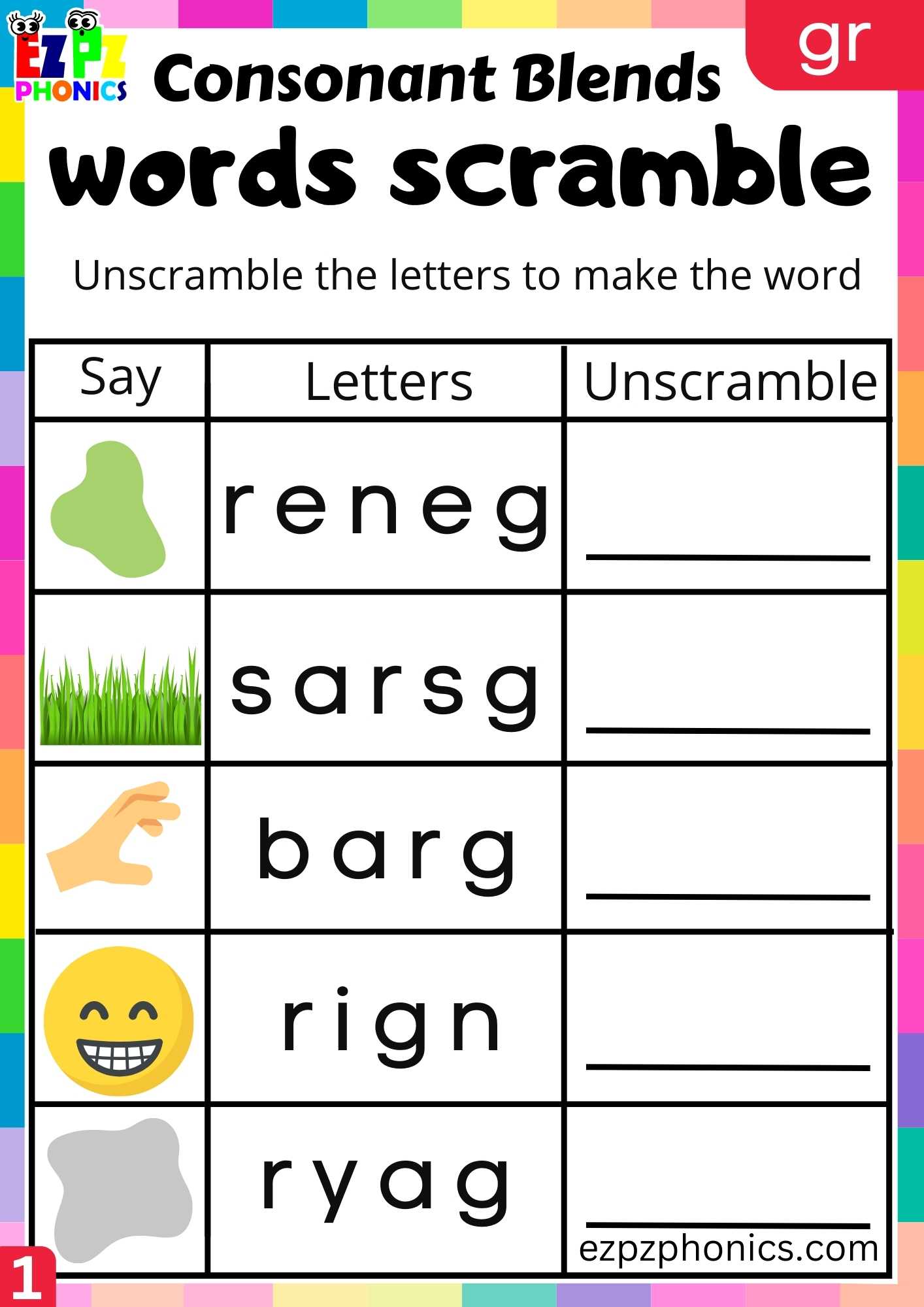 Group1 GR Words Words Scramble Phonics Consonant Blends Worksheet